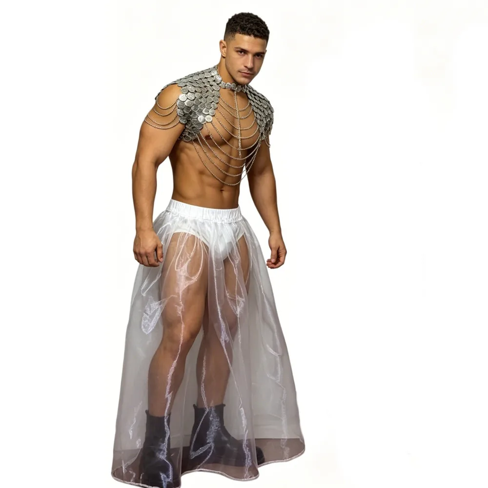 Sexy Futuristic Style Cosplay Costume Metal Chain Tops Set Male DJ Singer Clubwear Stage Wear Carnival Rave Performance Clothes - view 3