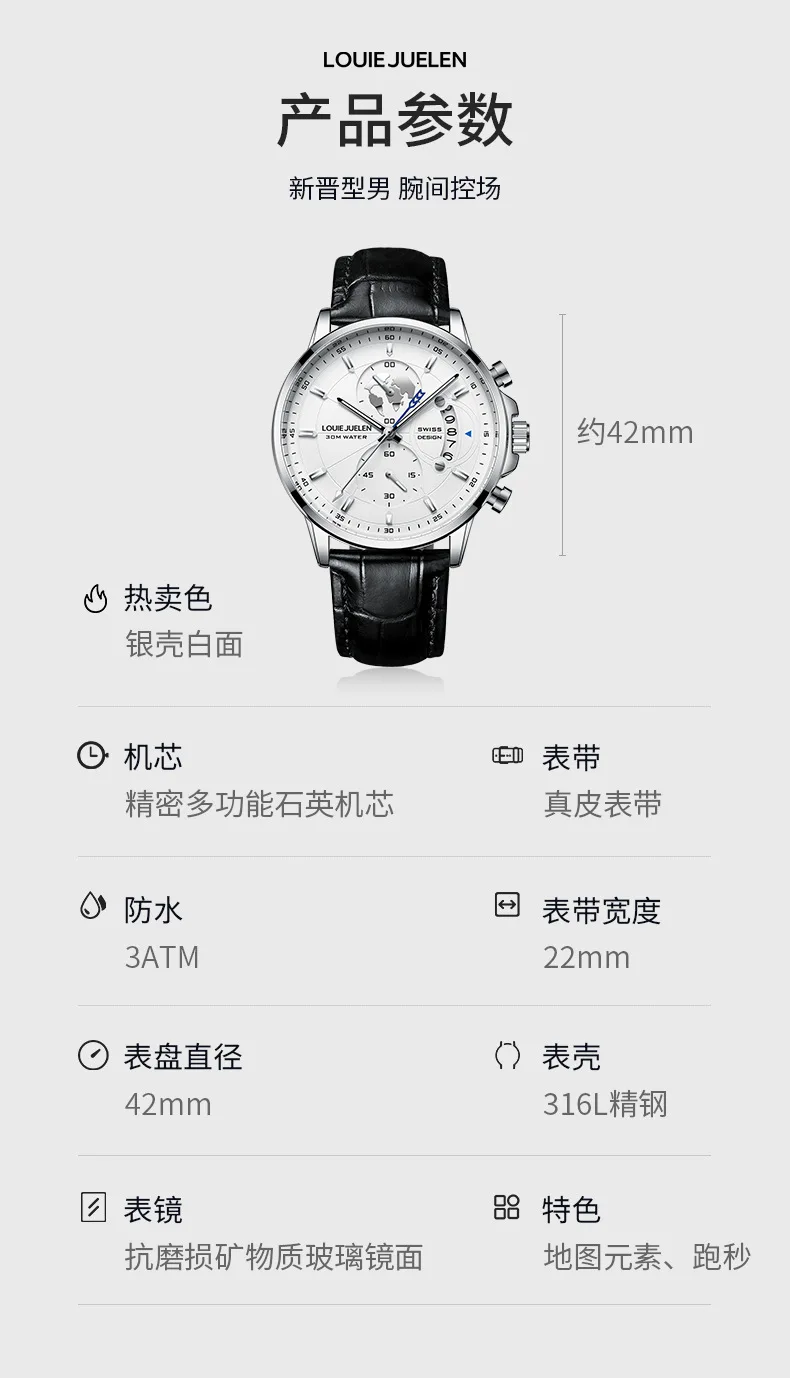 LOUIE JUELEN Couple Watches Multifunction World Map Dial Black Leather Strap Luminous Quartz Wristwatch Lovers Pair Gift Set