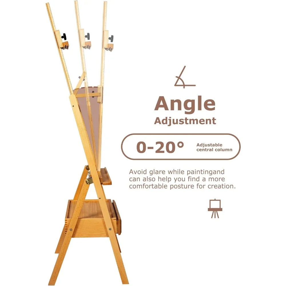 حامل كبير بإطار على شكل حرف H مع درج تخزين، ارتفاع 75 بوصة قابل للتعديل، حامل رسم من خشب الزان الصلب للطلاب البالغين #3