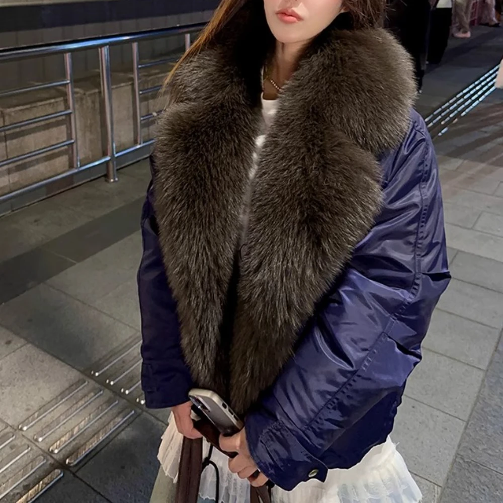White Goose Down Coat Women Autumn Real Fur Jacket Winter Fox Fur Collar Luxury Outwear Loose Down Jacket Female Puffer Jacket