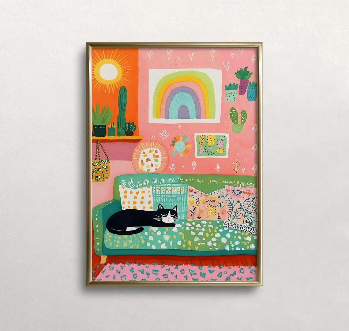 Art mural coloré et fantaisiste sans cadre : chat noir confortable dormant sur un canapé à motifs dans un salon lumineux d'inspiration rétro – Vibrant Boh