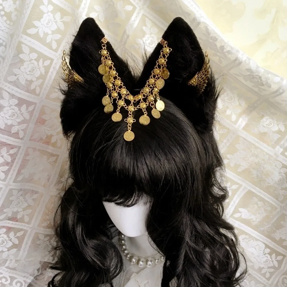 Golden Wings Cosplay Anubis Headband Plush Alloy Animal Ears Hairband Gothic Tassel Egypt Style Headwear Hair Styling Accessory