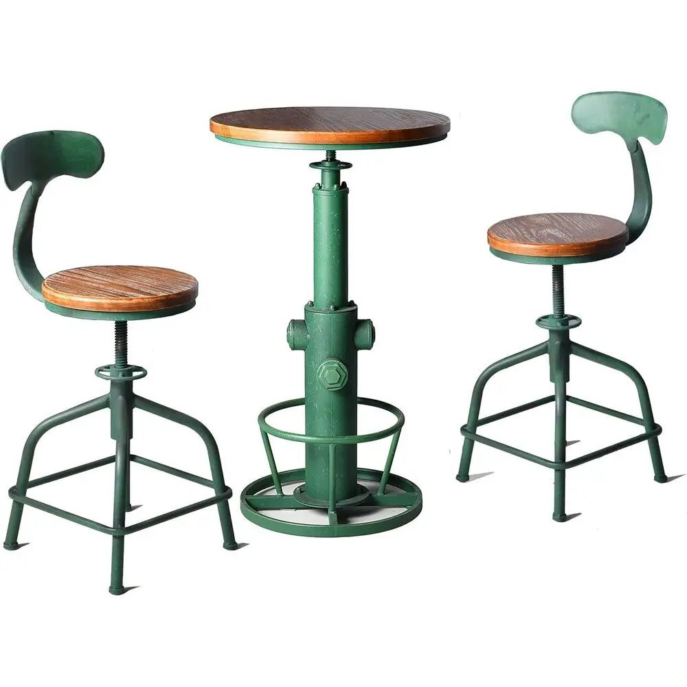 

Industrial-Style Round Pub Table with 2 Antique Green Swivel Bar Stools, Adjustable Backrests