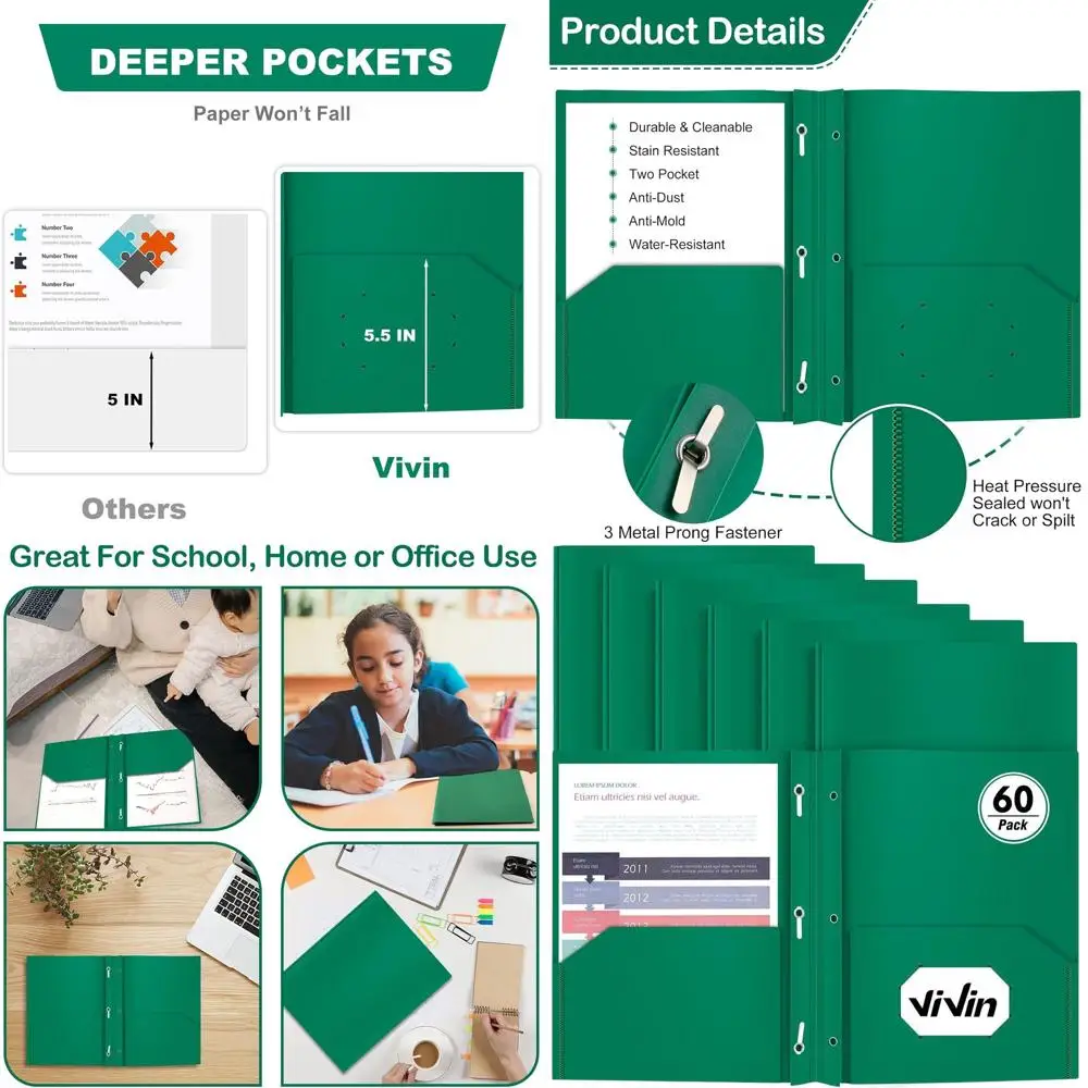 

Green Heavy-Duty Letter Size Plastic Pocket Folders with 3-Prong Fasteners, 60 Pack