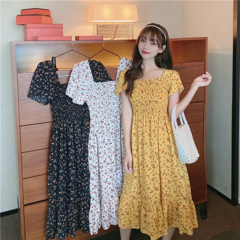 Sweet Spring Summer Floral Print Dress For Women Casual Square Neck Short Sleeve Elastic High Waist Midi Dresses With Ruffle Hem