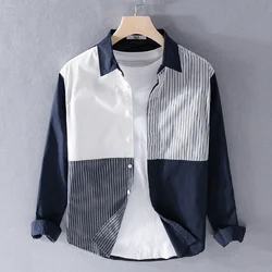 Camisa masculina de algodão de manga comprida, camisa da moda combinando cores, top listrado de lapela, casual moda juvenil, novo, 2022