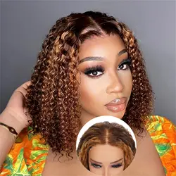 Highlight Glueless Wigs Ombre 4/27 Honey Blonde Bob Wig 14 Inch Short Curly Human Hair Wigs For Women 4x4 Lace Closure Wigs