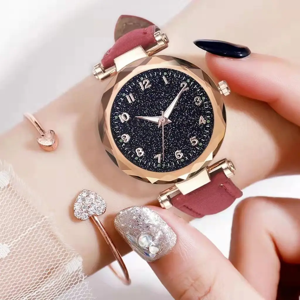 Hot models of foreign trade women's frosted leather strap starry sky digital face women's watch bracelet set   wristwatch