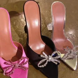 2024 New Bow Rhinestone Fish Mouth Open Toe High Heels Wine Glass with Mid-heel Women Sandals Slippers