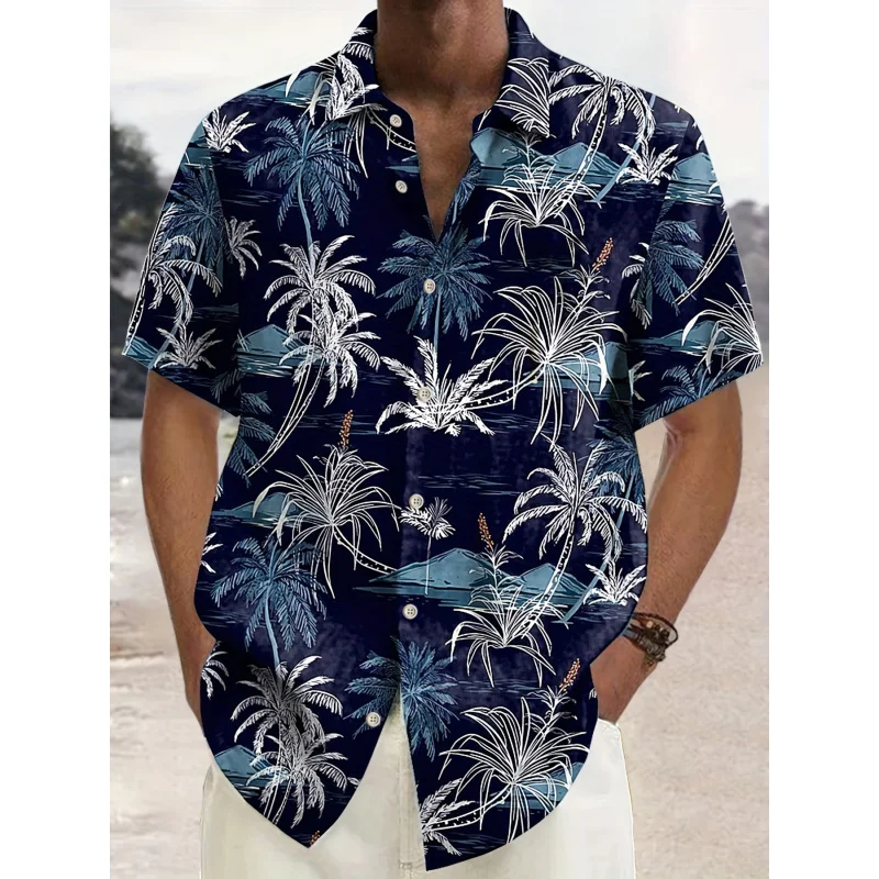

Men'S Casual Hawaiian Shirt with Coconut Tree Print, 100% Polyester, Short Sleeve, Button Front, Lapel Collar, Regular Fit, Wove