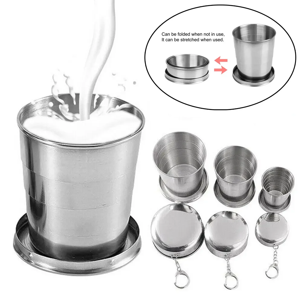 Stainless Steel Folding Cup Portable Water Drinking Cup Retractable Telescopic Collapsible Cups For Outdoor Travel With Keychain