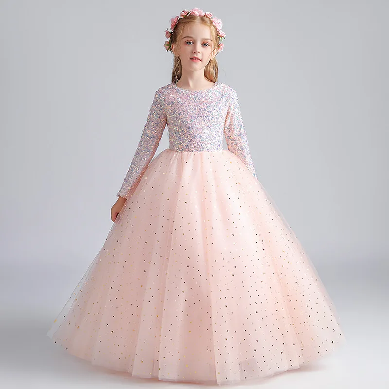 

It's Yiiya индивидуальное платье с цветочным узором для девочек, тюль с блестками, скромное детское платье трапециевидной формы с круглым вырезом и длинными рукавами на молнии, длиной до пола, T101