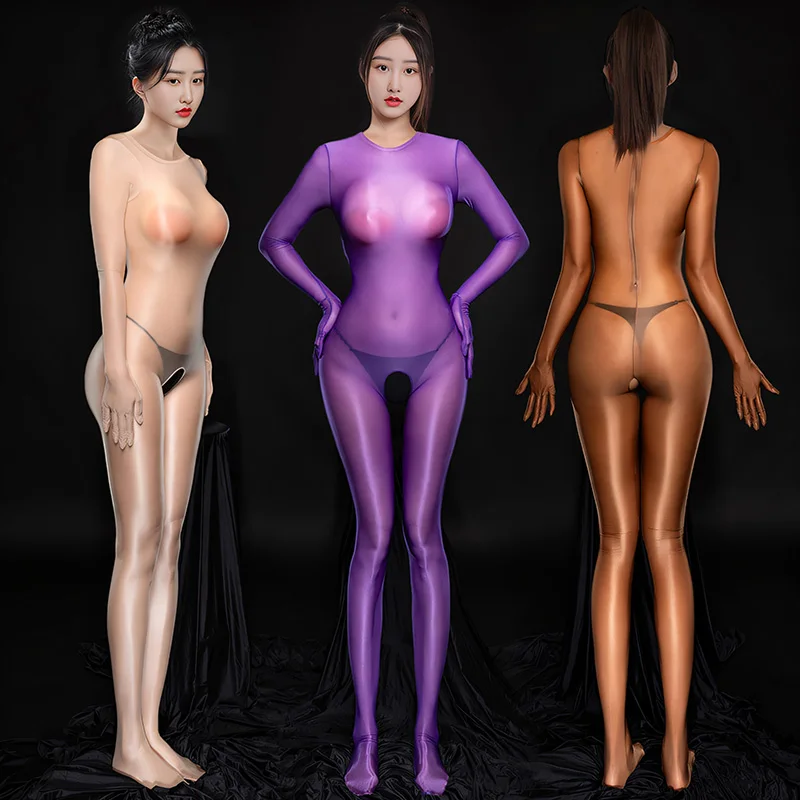 Sexy Oil Shiny Bodysuit Women Open Crotch Tights Catsuit Jumpsuit Glossy Leotards Erotic Lingerie SM Sex Porn Role Play Costumes