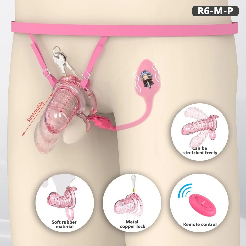NEW Stretchable Male Chastity Cage with Anal Plug Vibrator Remote Control Adult Sex Toy for Men Urethral Lock 6 Size Peins Ring - view 2