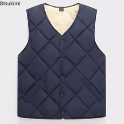 Autumn Winter Men's Thicken Plush Lining Parkas Vest Soft Warm V Neck Button Sleeveless Jackets Male Cold-proof Down Cotton Vest