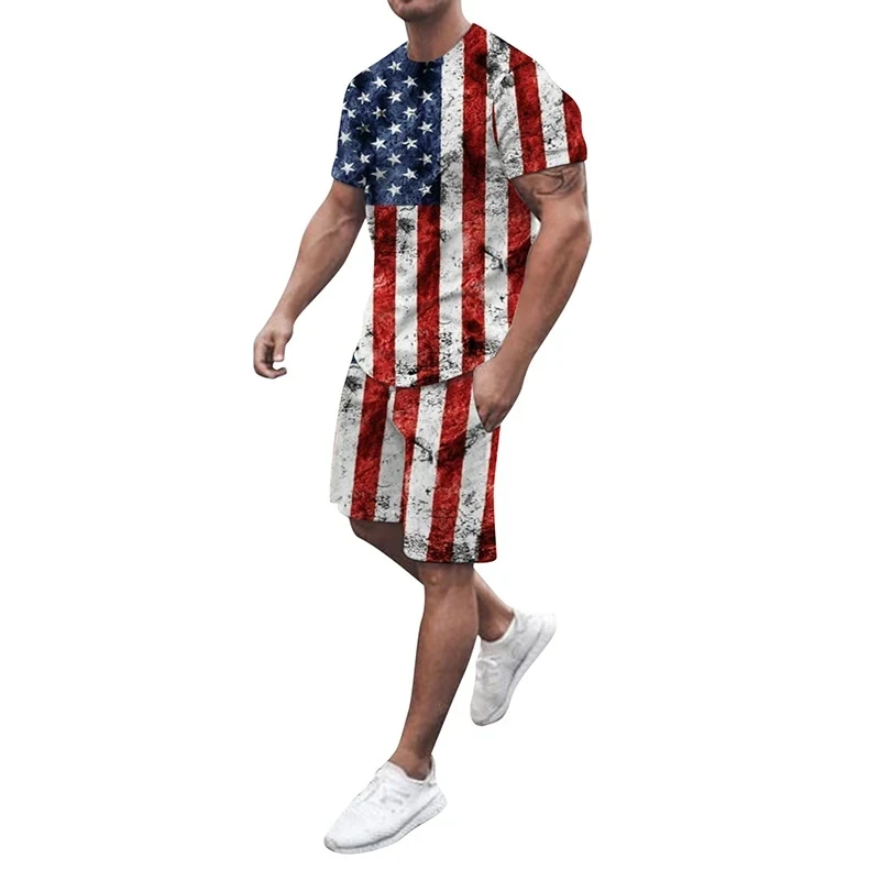 Men's T-shirt Sets USA American Flag 3D Print Tracksuit T Shirts Shorts 2 Pieces Streetwear Male's Oversized Suits Sportswear