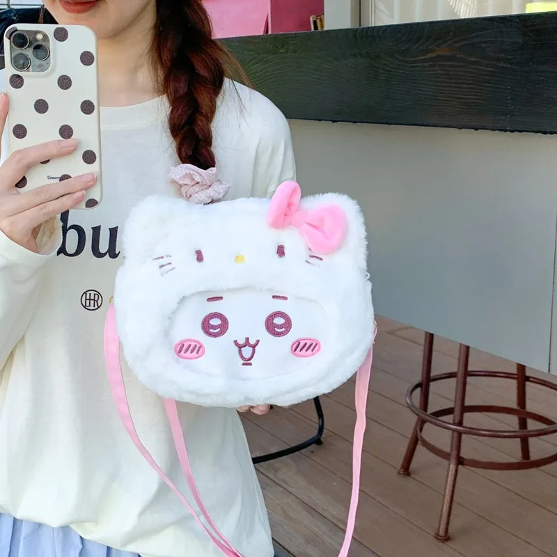 Usagi Hachiware plush backpack - cute cartoon-style bag with large capacity adjustable strap and single shoulder strap design.