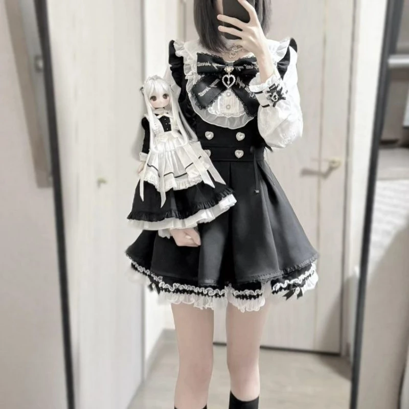 Japanse Y2 Esthetiek Strass Strik Jurk Shorts Set Vrouwen Gothic Lolita Stijl Lange Mouw Jurken Party Slanke Mini Jurk - afbeelding 1