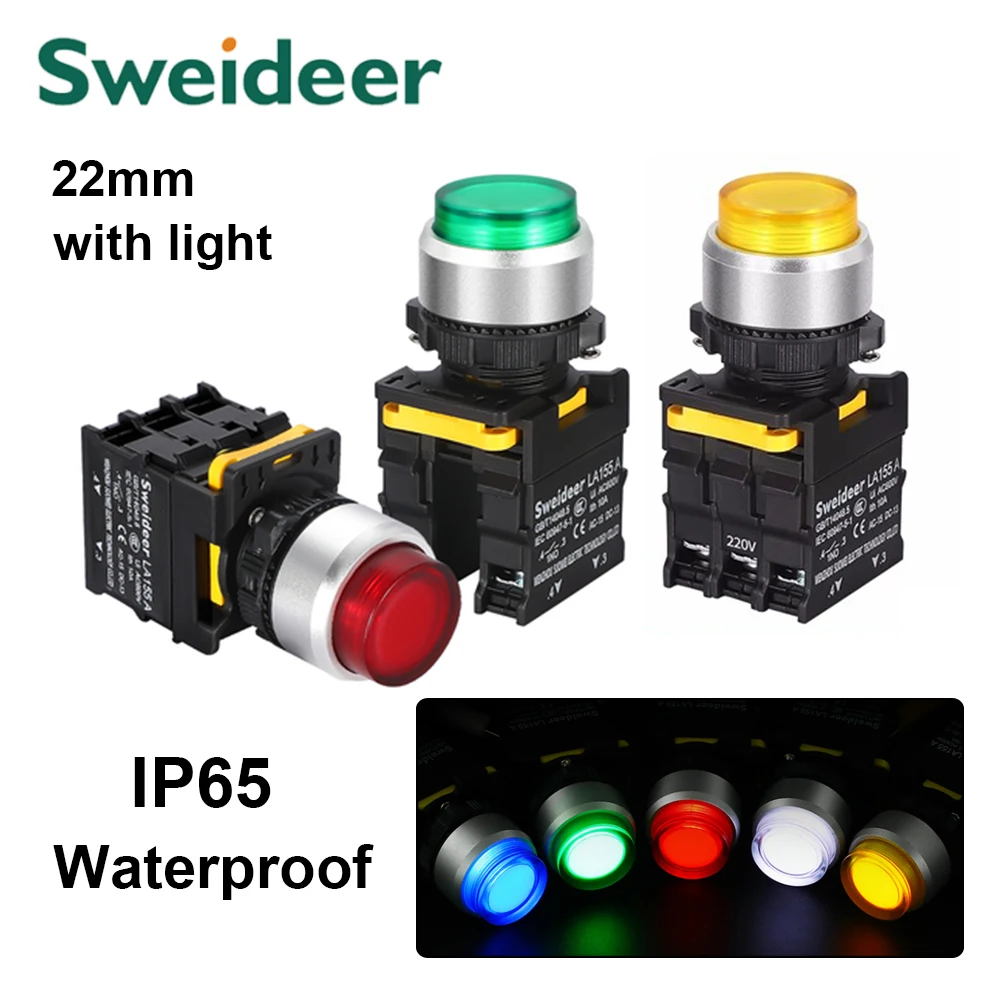 Led 220v High Selector Switch 22mm Waterproof Extended High Head Push Button Self Reset Self Locking Green Yellow Red Blue White