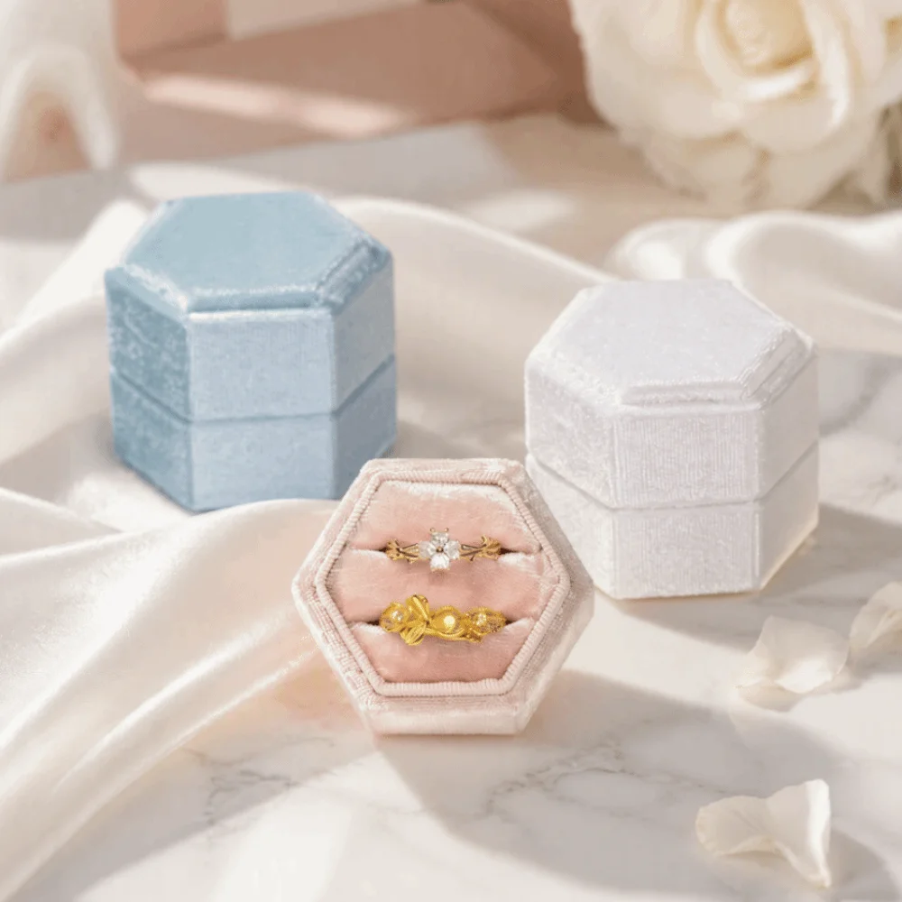 Light Luxury Velvet Hexagon Vintage Ring Box High-End Double Slot Ring Storage Box Elegant Soft Ring Packaging Box Gift