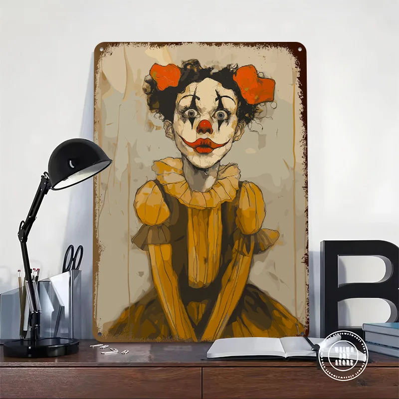 Creepy Clown Girl Metal Poster Customized Wall Art Retro Vintage Metal Signs for Man Cave Bedroom Decoration Garage Accessories