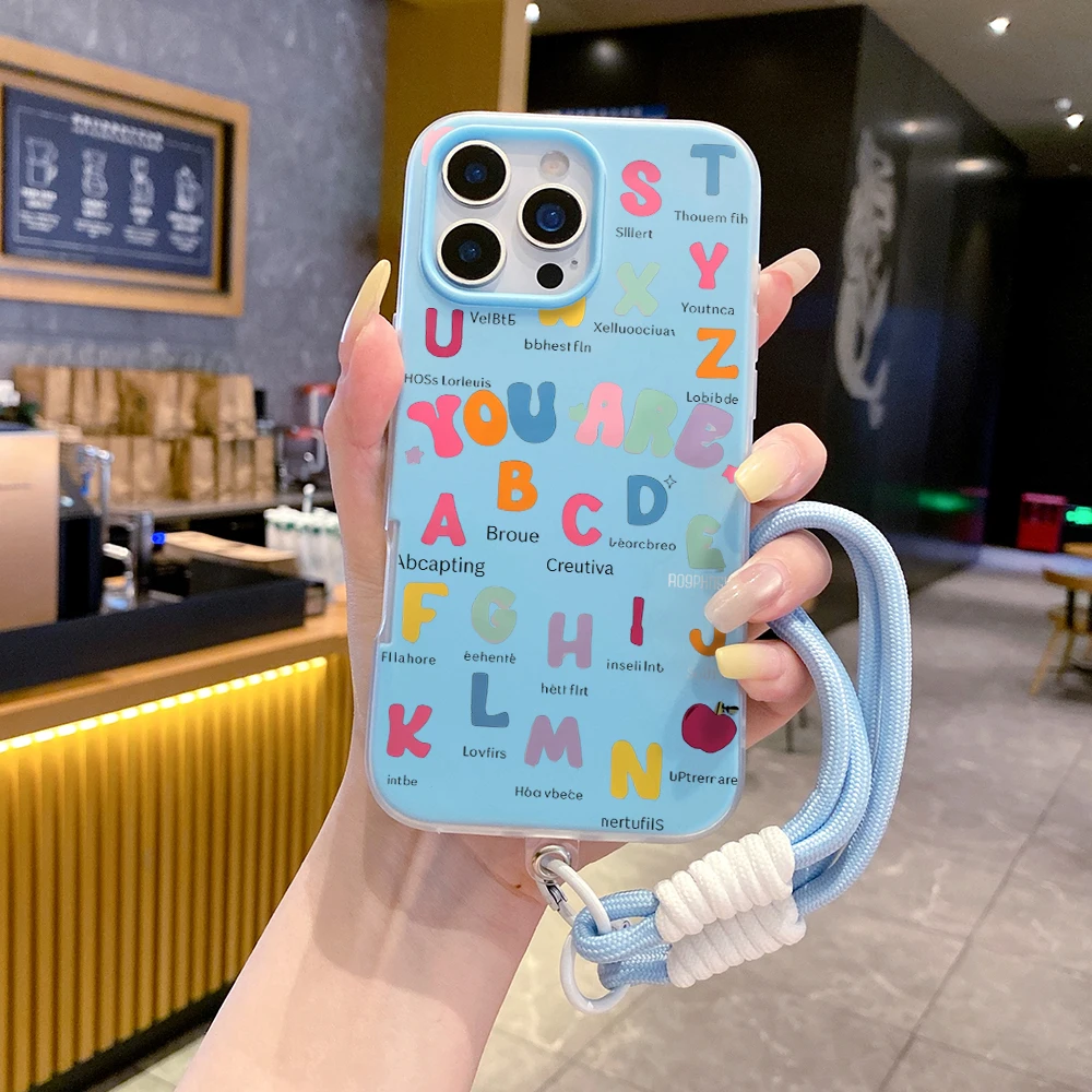 Colored Letter 2 in1 Lanyard Jelly Phone Case For Samsung Galaxy S26 Ultra S25 S23 FE S24 Plus A57 A56 A54 A55 A17 A16 A07 Case
