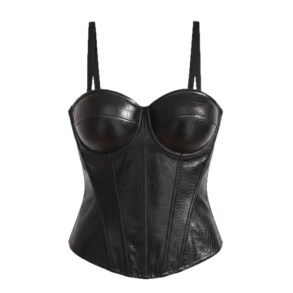 Black PU Leather Corselet‌ Outfit for Women Sexy European High Street Low-cut Fishbone Corset Slim Vetement Femme Women TankTops