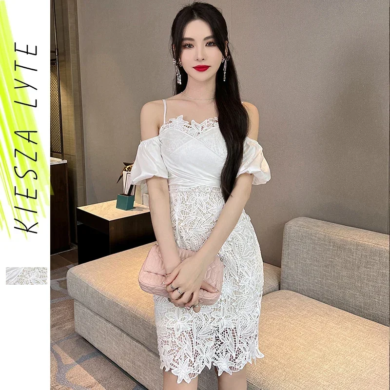 White Lace Mini Dress Sexy Summer 2024 Women Kawaii Lace Up Banquet  Evening Party Dresses Elegant Princess