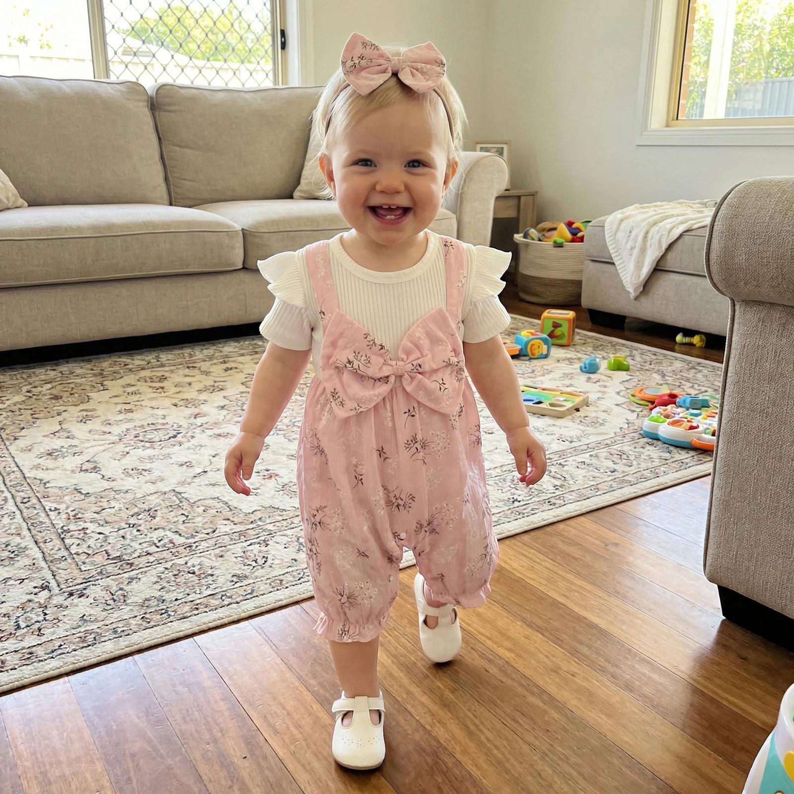 Baby Girl Summer Patchwork Outfit Floral Fake Two-Piece Short Sleeve Romper Bow Headband 2 Piece Set