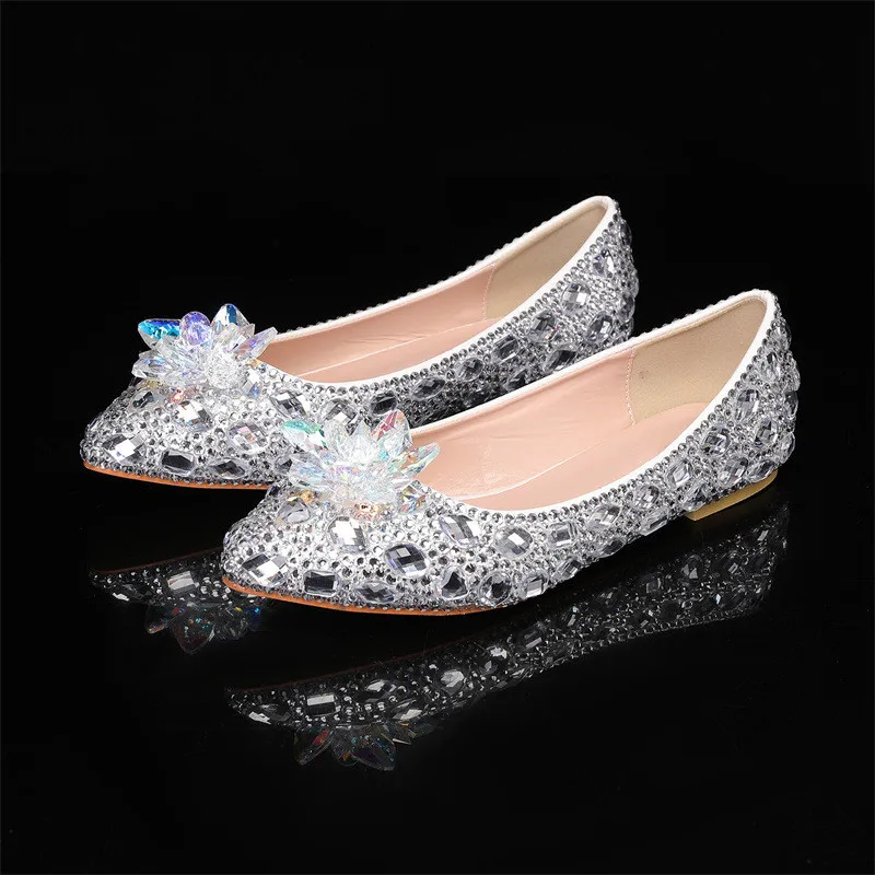 Bombas planas de diamantes de imitación para mujer, zapatos de lujo hechos a mano, con flores de cristal, a la moda, para primavera y otoño, para fiesta de graduación y boda