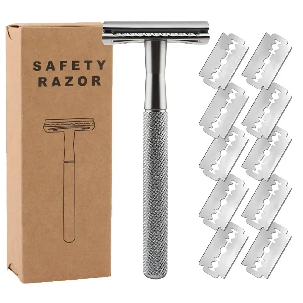 Double Edge Safety Razor for Men & Women, Metal Razor with 10 Platinum Coated Safety Razor Blades, Eco-Friendly Razor