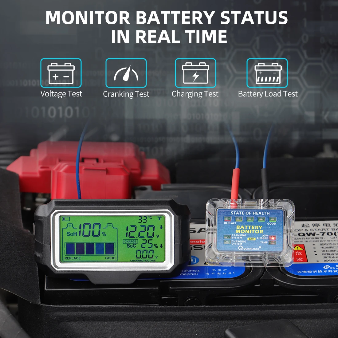 QUICKLYNKS BM5-D Car Battery Tester 12V LED 433MHz Monitor Head-Up Display SOH SOC Charging Battery Analyzer Diagnostic Tool