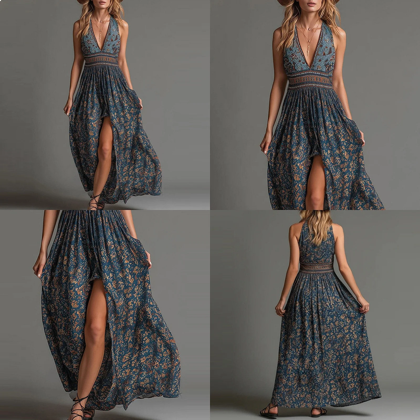 

Bohemian Print Deep V Neck Slit Dress Sleeveless Summer Dresses Boho Maxi Dress Jumpsuit Playsuit