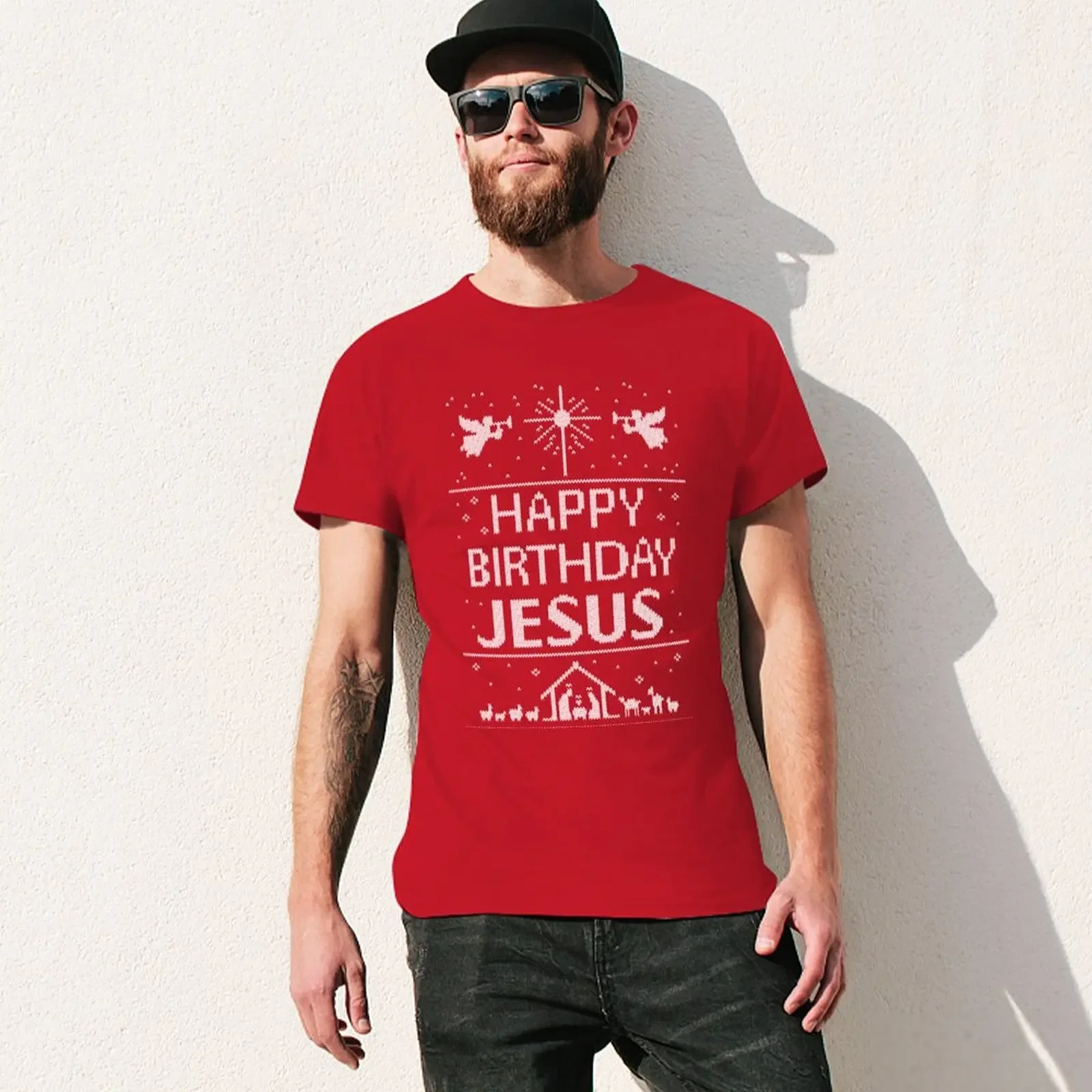 Happy Birthday Jesus-น่าเกลียดเสื้อสเวตเตอร์คริสต์มาส scandinavian knit สีแดงขาวศาสนาคริสเตียนเสื้อยืดเหงื่อสำหรับผู้ชาย