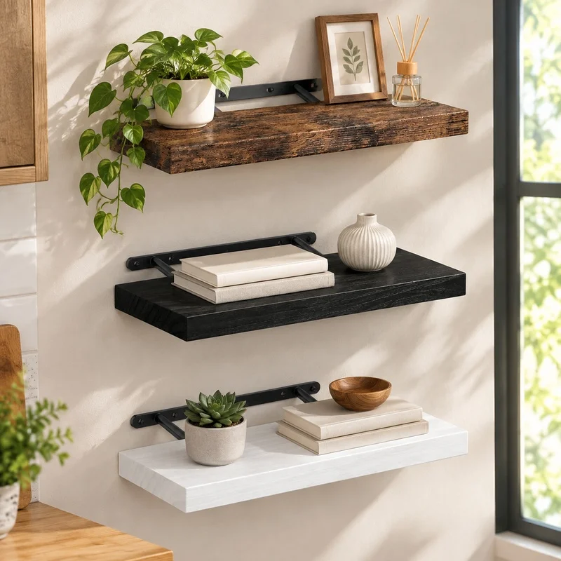 Durable Floating Wall Shelf with Concealed Supports for Versatile Storage in Kitchen, Bathroom, Nursery, and Living Spaces