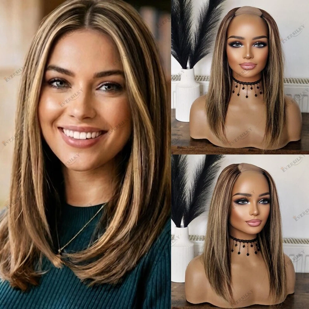 

Highlight Blonde Human Hair Natural Straight Glueless U Part Wig Black Women Easy Wear Brazilian Hair V Part Wig 1x4 Size Clips
