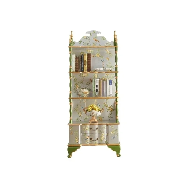 Yjq Chinese Style Bookshelf Solid Wood Hand Painted Display Cabinet Vintage Storage Classical Display Silver