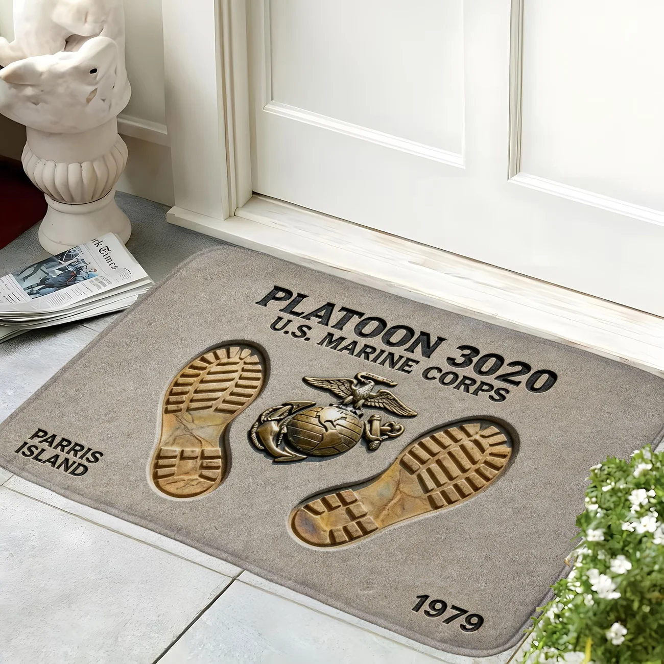 US Marine Corps Welcome Doormat Platoon 3020 Parris Island Entrance Rug Military Theme Non-Slip Floor Mat for Home Decor