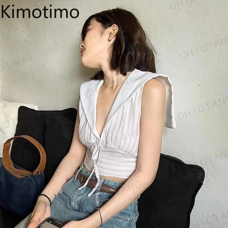 

Kimotimo Korean Style Striped Sailor Collar Shirt Women 2025 Summer V Neck Lace Up Sleeveless Crop Top Slim Fit Versatile Blouse