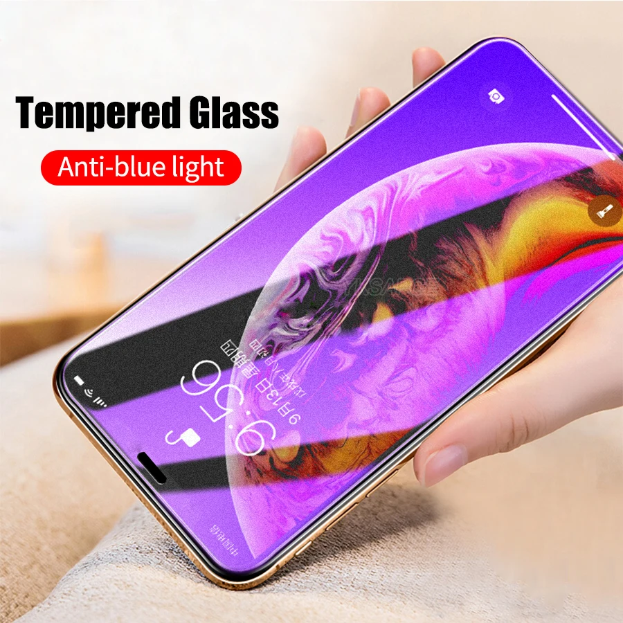 

3Pcs Anti Blue Ray Tempered Glass For iPhone 11 12 13 Mini 14 15 16 Pro XS Max 16E XR Purple Transparent Screen Protector