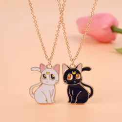 Lovecryst 2Pcs/set Cute Black White Cat Alloy Drop Oil Best Friend Necklace for Kids Girls Fashion Friendship Gifts