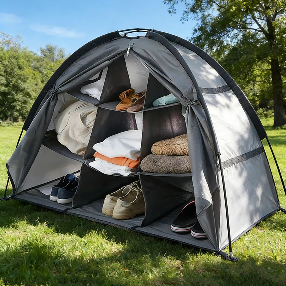 

Shoes and Clothes Storage Tent for Camping, 9 Compartment Clothing Organizer Tent with Handbag for Hiking, Climbing, Picnic