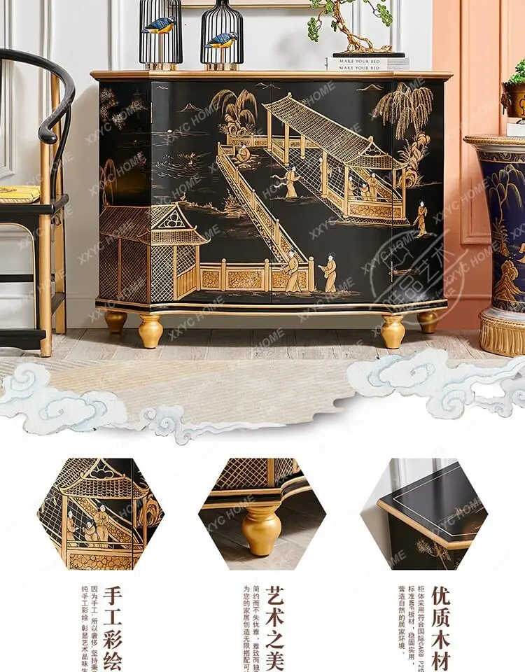 New Chinese-style black gold-painted figure villa high-end home decoration cabinet