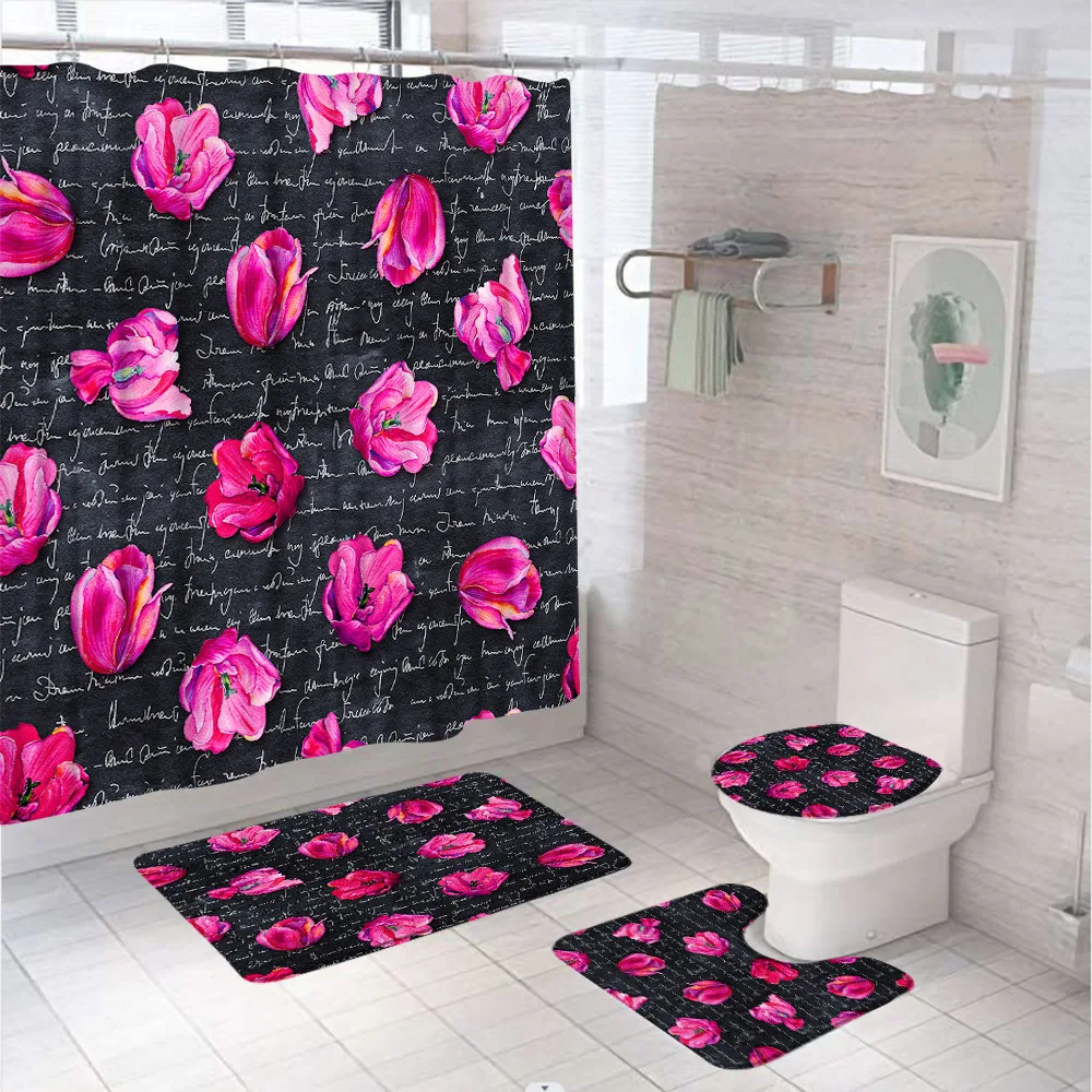 Vintage Floral Letter Shower Curtain Set Watercolor Plant Garden Flower Bathroom Curtains Non-Slip Bath Mat Rug Lid Toilet Cover