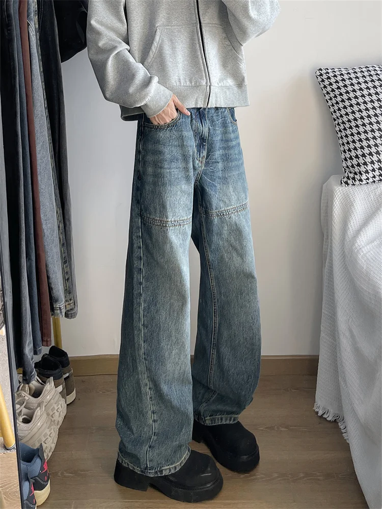 

American Retro Washed Blue Men's Jeans Loose Straight Casual Wide Leg High Street Long Trousers Youth Trendy Loose Fit