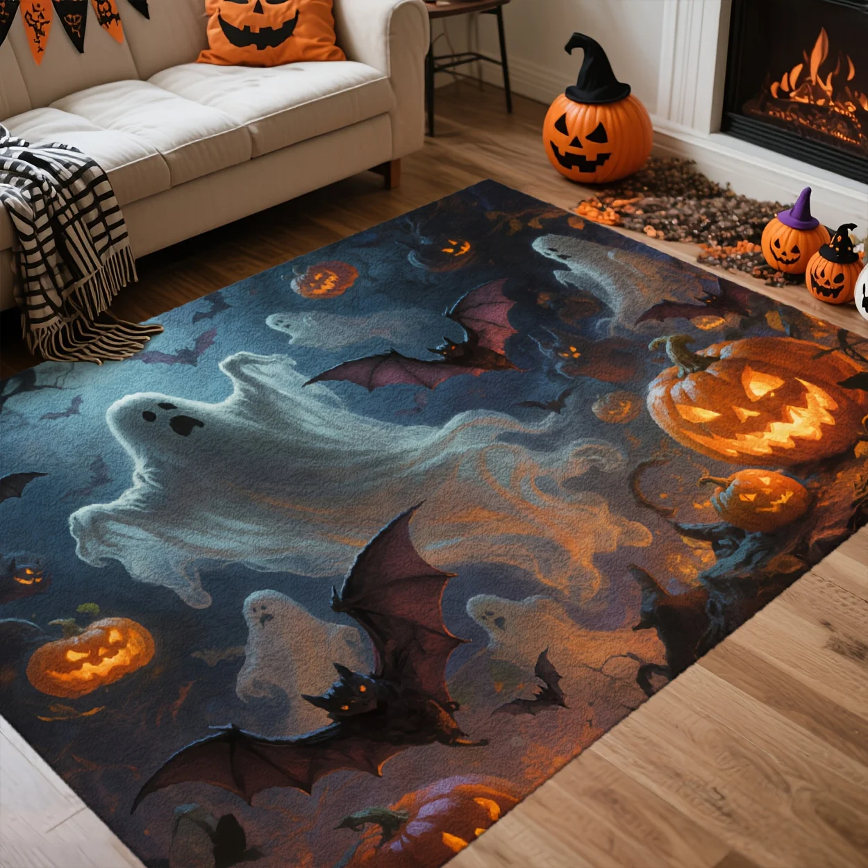 1pc 2D Flat Halloween Ghost Bat Pumpkin Lantern Printed Floor Mat, Decorative Rug for Living Room, Bedroom, Home