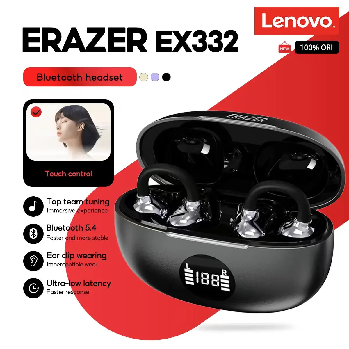 Lenovo ERAZER EX332 Open Ear Ear Clip HD Wireless Bluetooth Headphones BT 5.4 Sports Ultra Low Latency Touch Control LED Display