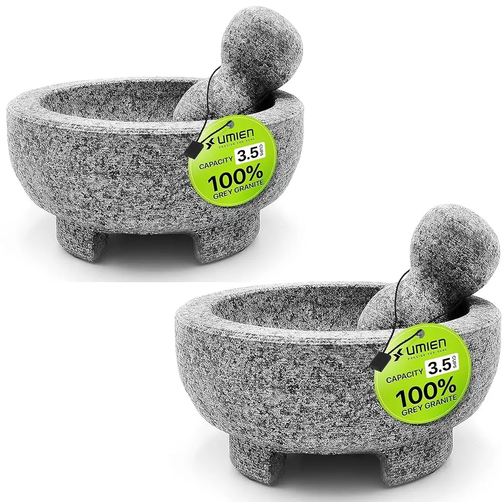 

2 Sets Granite Mortar And Pestle Set - 100% Granite - 3.5-Cups - 8-Inch – Avocado Tool Luded – Natural Stone Molcajete For