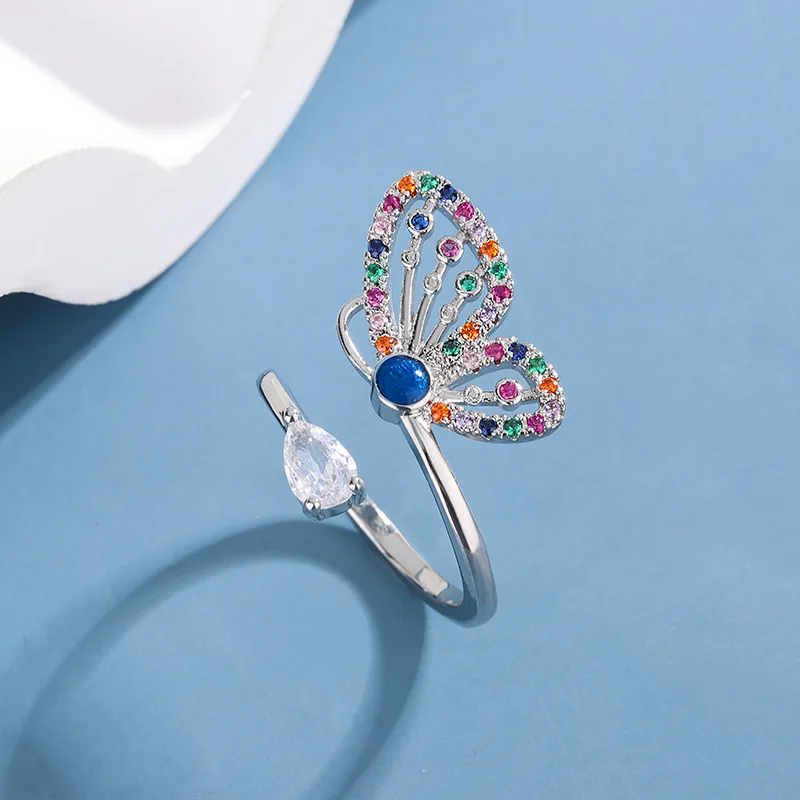 Mode Temperament Bunte Diamant Inlay 925 Sterling Silber Persönlichkeit Kreative Schmetterling Öffnung Ringe R055