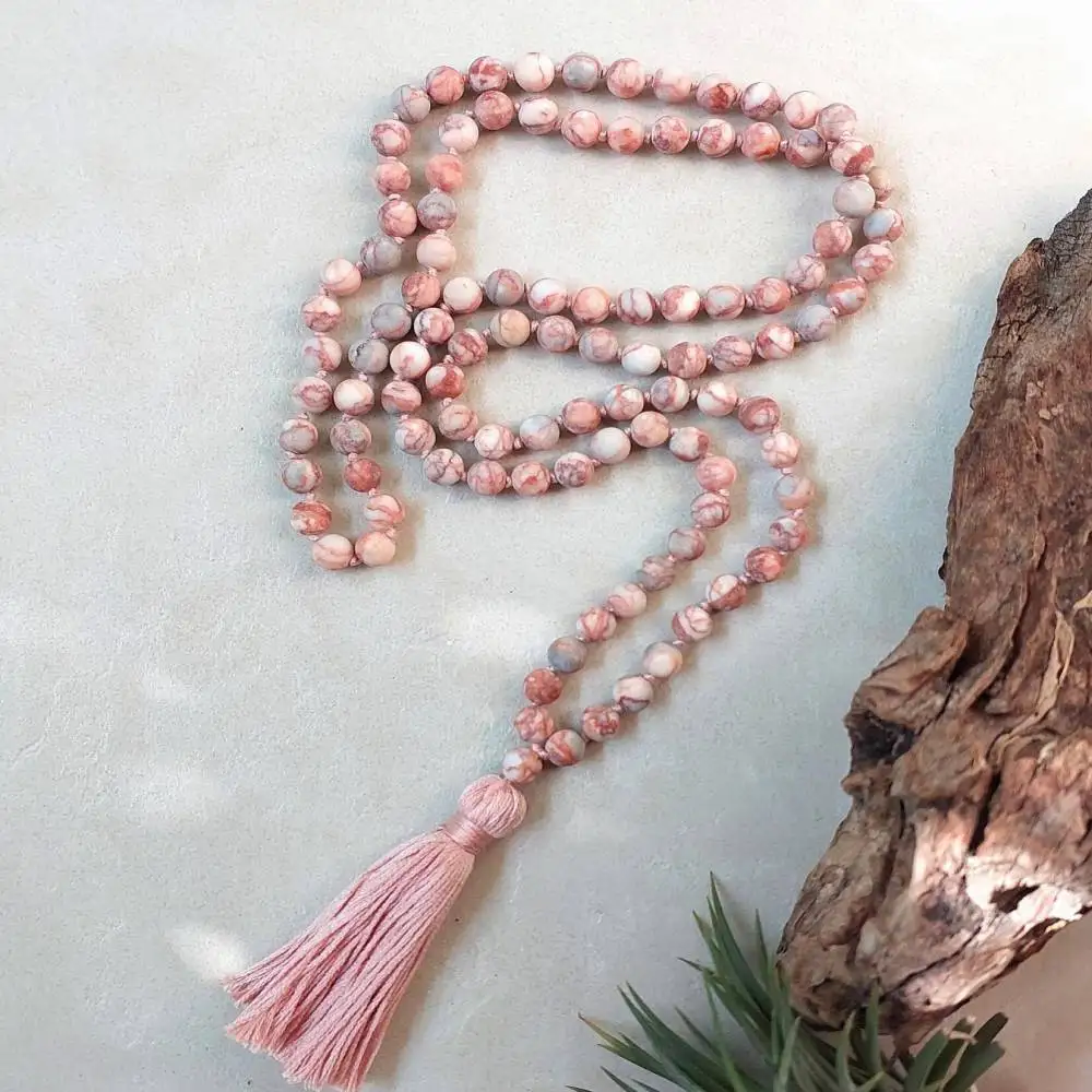 

Натуральное ожерелье-мала из розового зебрового яшмы с 108 бусинами и розовым кисточком, духовное украшение